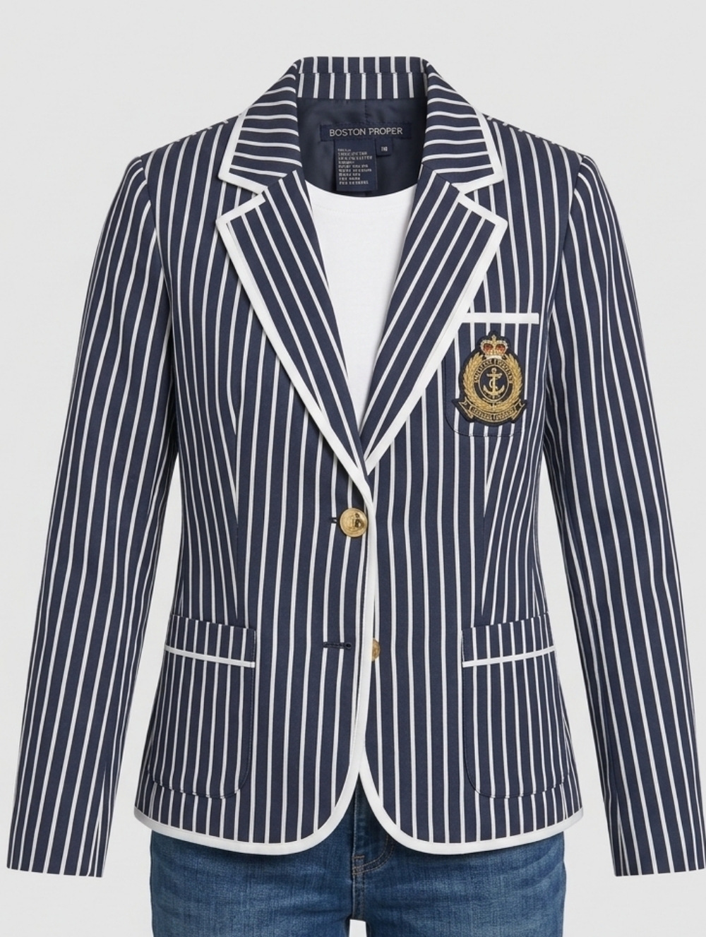 Boston Proper Navy striped two Gold buttons 3 pockets Women's Blazer Size 10 - Picture 2 of 11